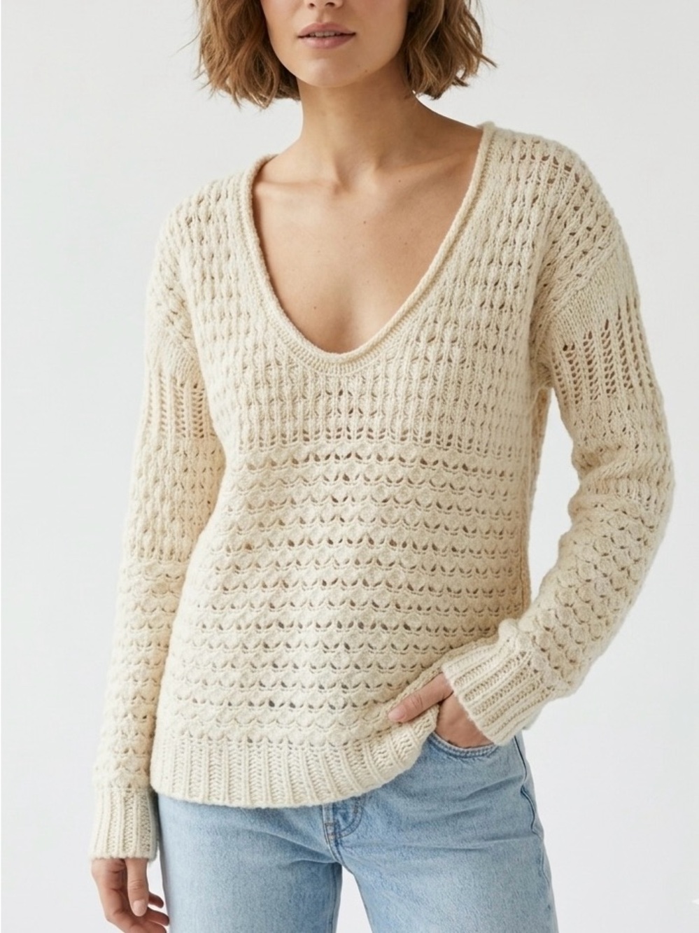 Free People Crashing Waves Ivory Wool Blend Sweater S Slouchy Coastal Boho